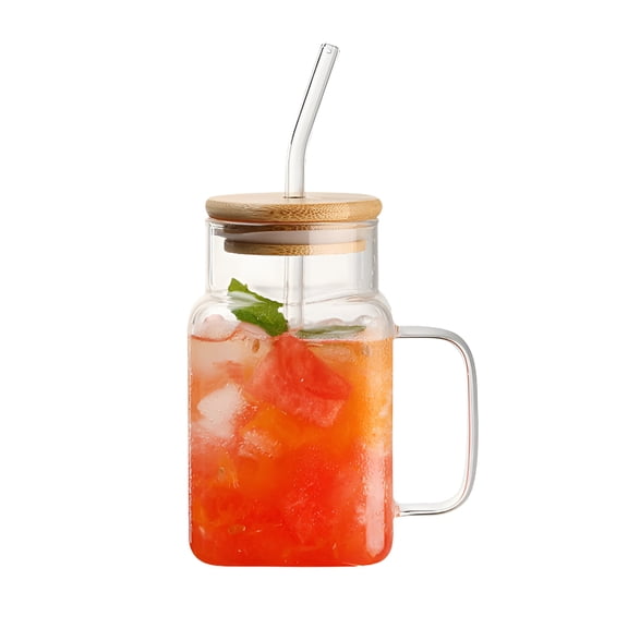 LAMIRO Glass Coffee Drinking Cup with Lid and Straw, 20Oz Glass Tumbler Cups with Handle for Iced Coffee, Smoothies, Beer and Juice