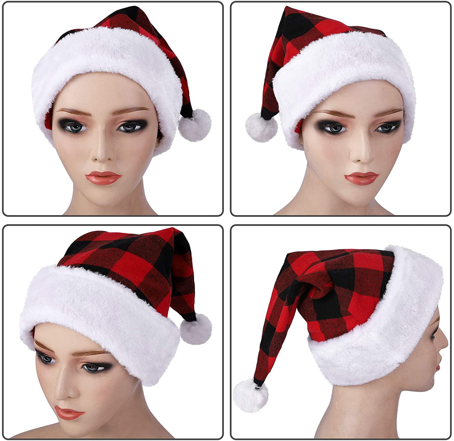 Red & Black Buffalo Plaid With Fur Christmas Holiday Santa Hat 