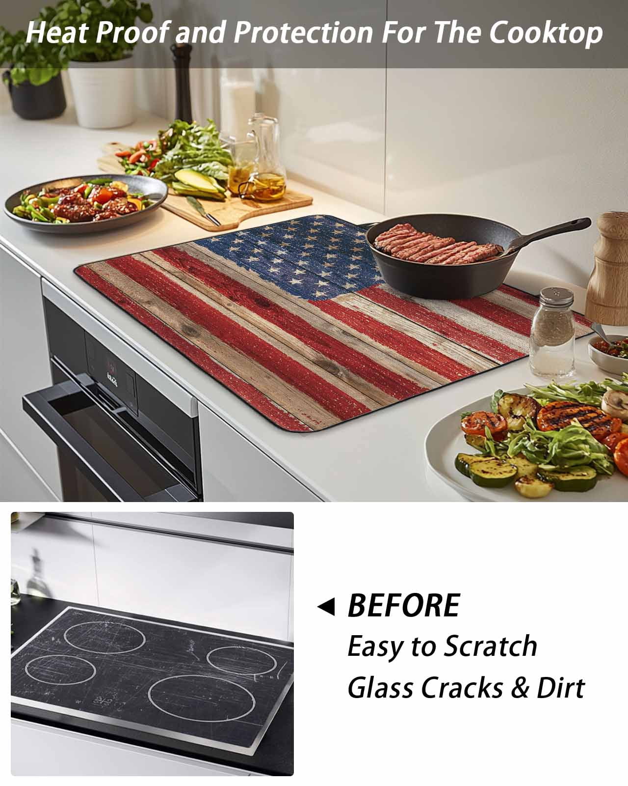 Stove Top Covers for Electric Stove, Retro American Flag Glass Stovetop Cover Protector, Vintage USA Flag Red Blue Wooden Induction Cooktop Protector Oven Mat for Kitchen Countertop 24"x21"