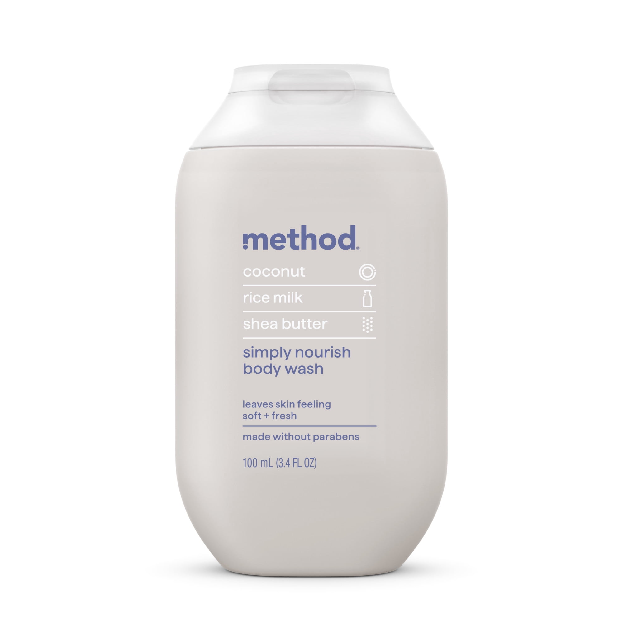 method Body Wash, Simply Nourish - Travel Size, Leaves Skin Feeling Moisturized, Made Without Parabens, Coconut, Rice Milk & Shea Butter Notes, 3.4 oz