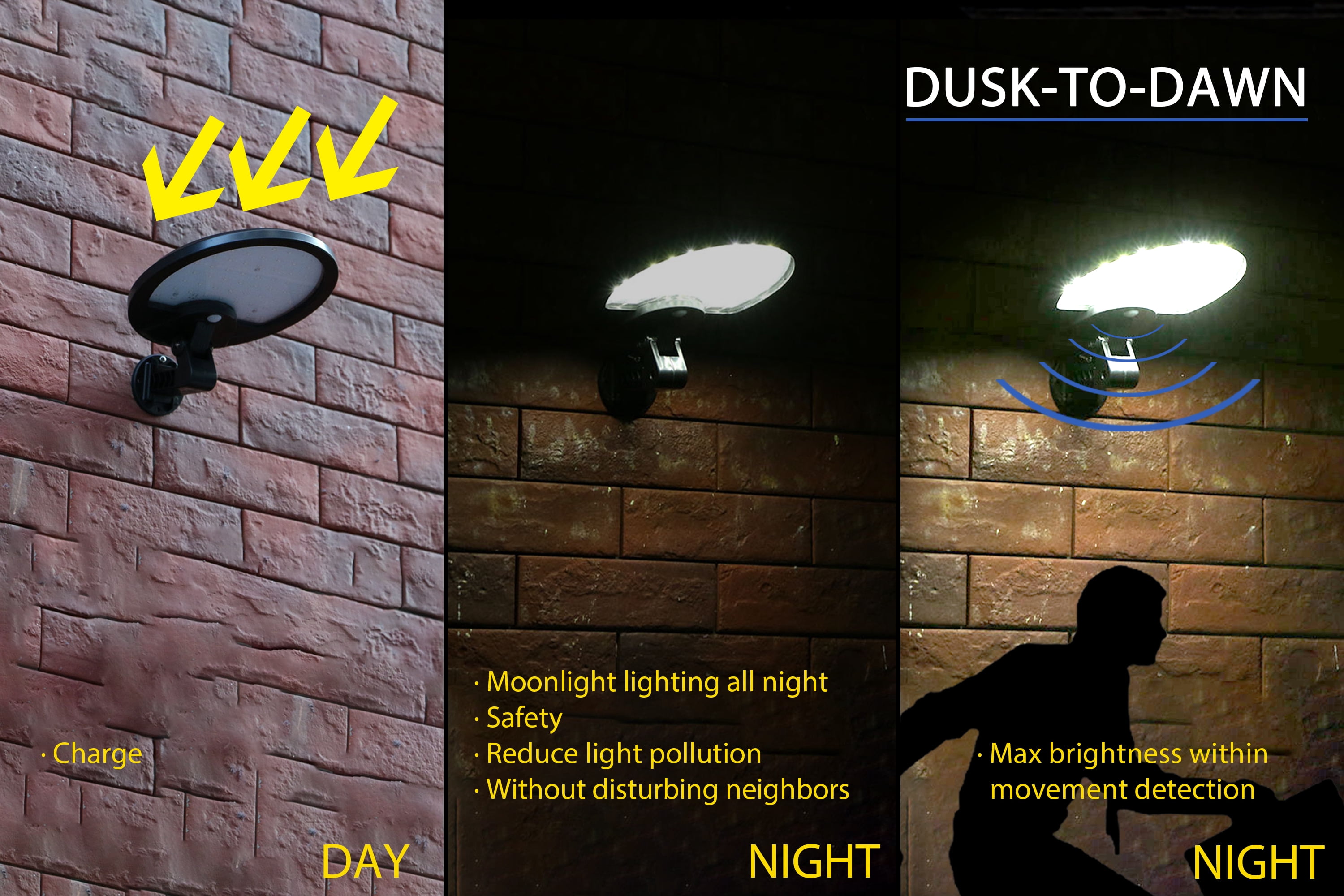 LED Solar Light Outdoor Motion Activated Security Floodlight – Self-Contained Solar Powered LED Light with Dusk-to-Dawn & Motion Sensor, Black Outdoor Solar Lighting
