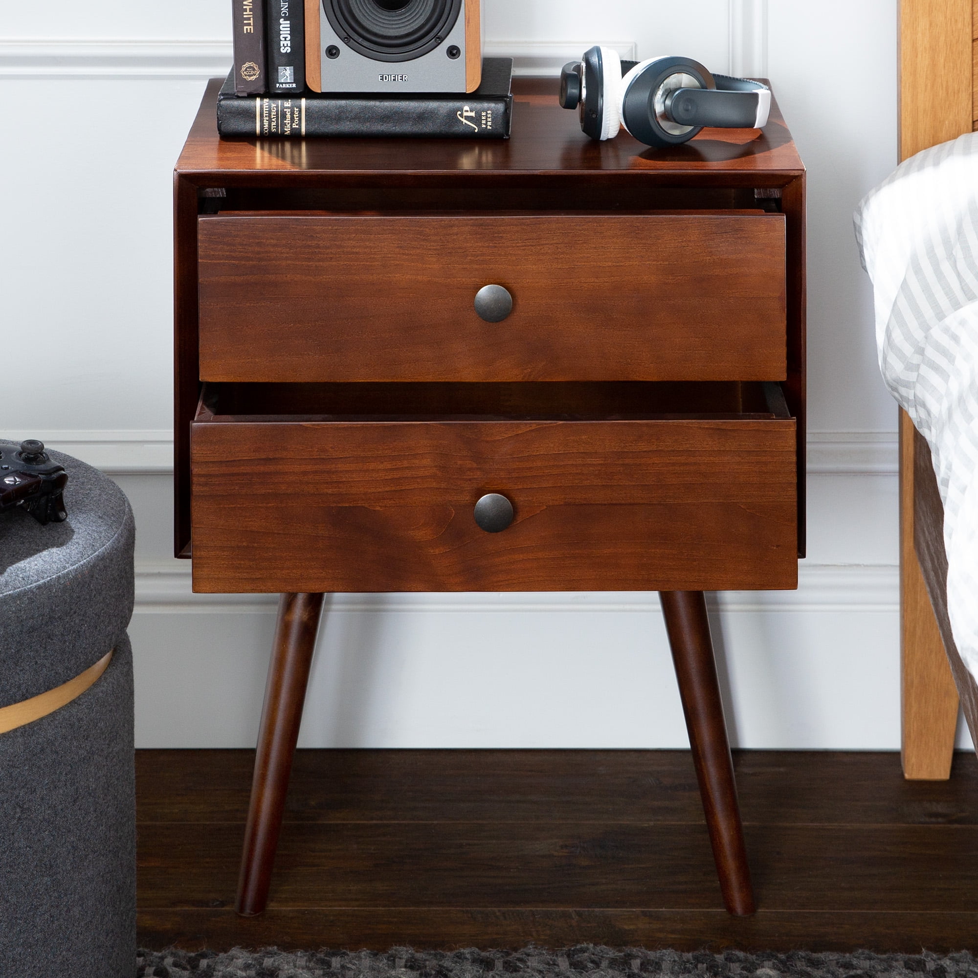 Manor Park Mid Century 2 Drawer Solid Wood Nightstand Dark Walnut Walmart Com Walmart Com