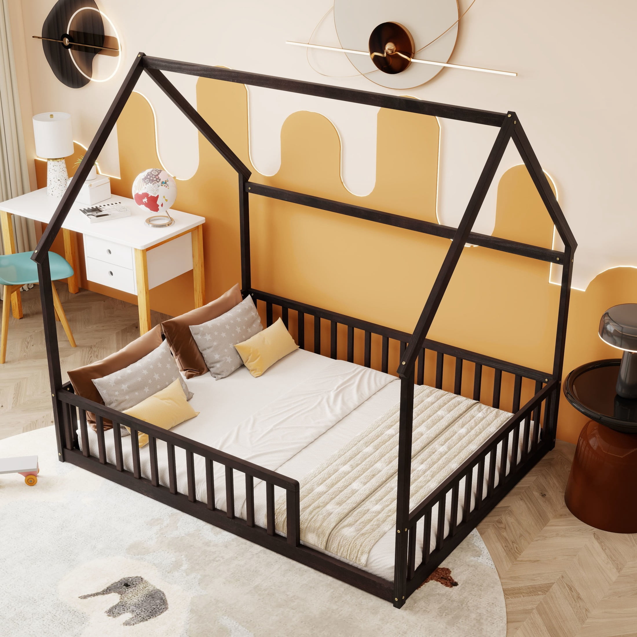 Noble House Morde Full Size House Floor Bed with Gable Roof Frame & Safety Guardrails, Pine Wooden Bed Frame, Espresso