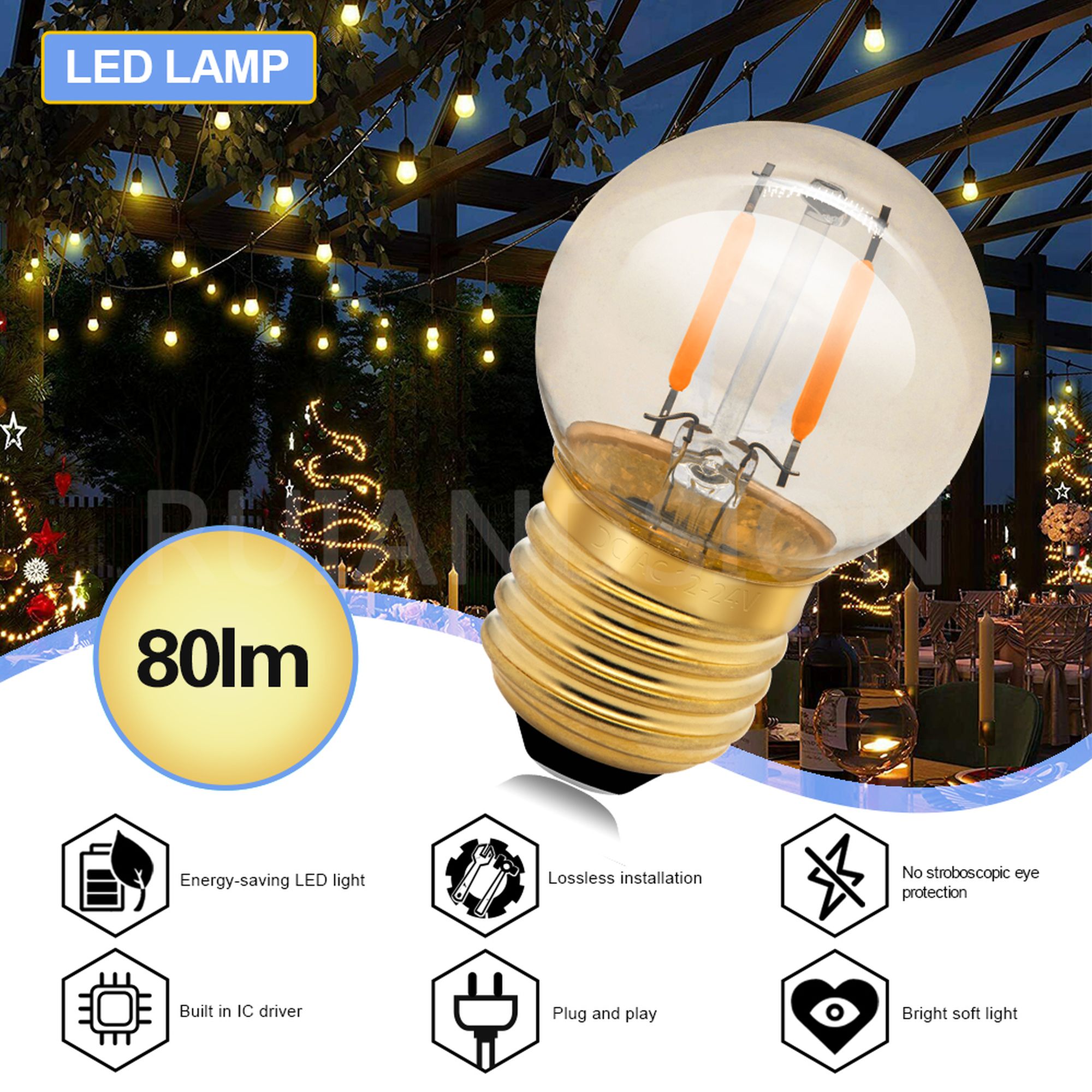 Ruiandsion 10-Pack E26 Base G40 LED Light Bulbs,110-130V 1W (10W)  Warm Amber Glow 2200K Waterproof, for  Outdoor String Lights
