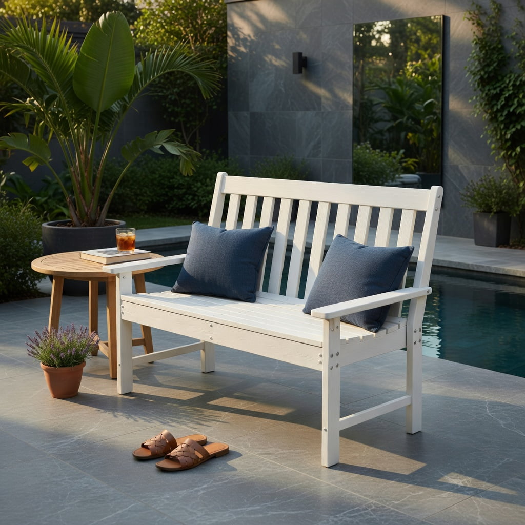 Hommoo 52" All-Weather HDPE Outdoor Bench, Weatherproof, Eco-Friendly, Heavy-Duty Patio Bench with Backrest & Armrests, White