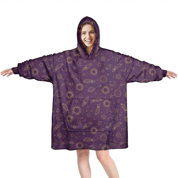 Wearable Oversized Blanket,Purple Sun Planet Rocket Star Pattern Wearable Blanket Hoodie for Adults,Cozy Hooded Blankets with Super Pockets,Super Warm Fuzzy Pullover for Women & Men