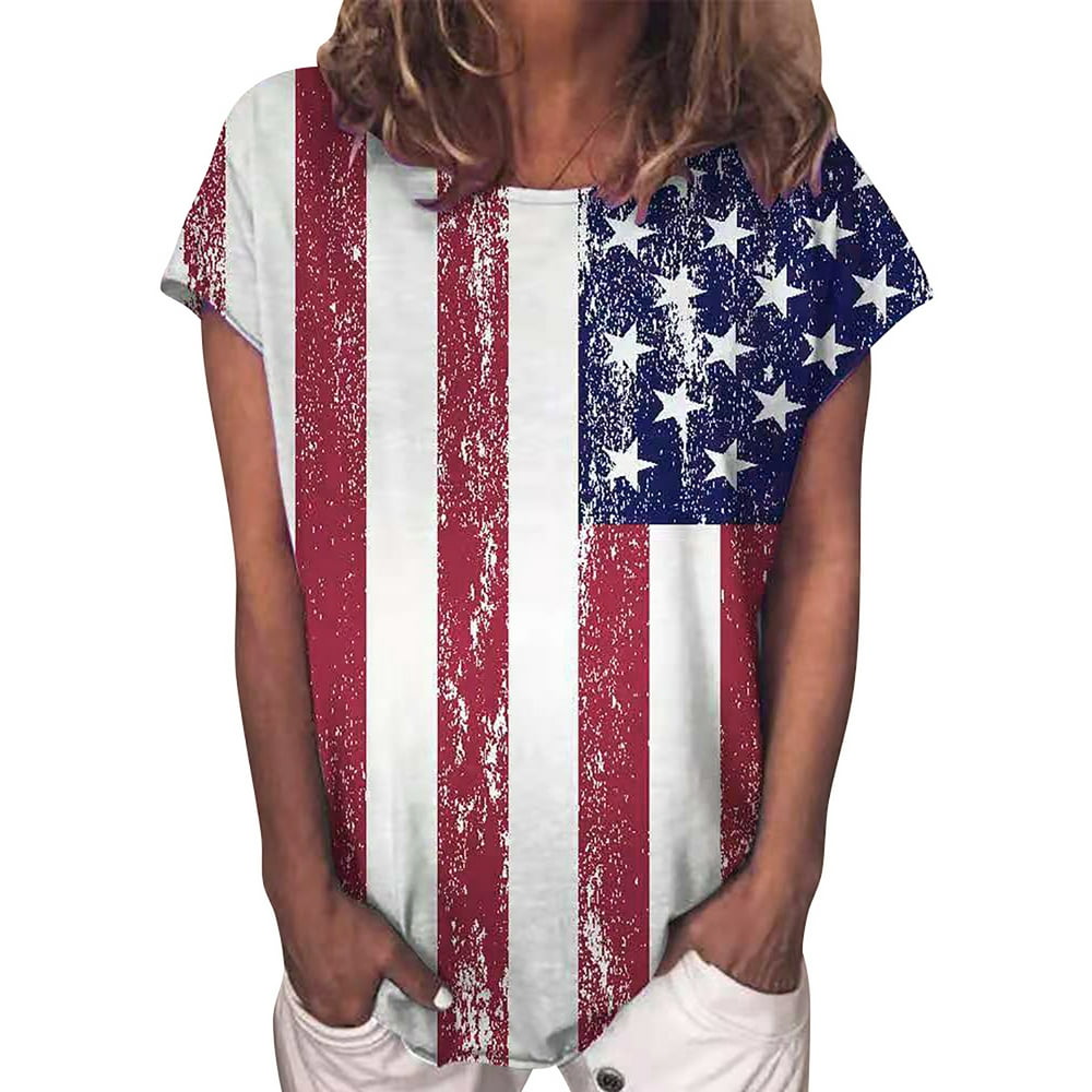 LAPA - Women's American Flag Floral Printed Short Sleeve T-Shirt Round ...