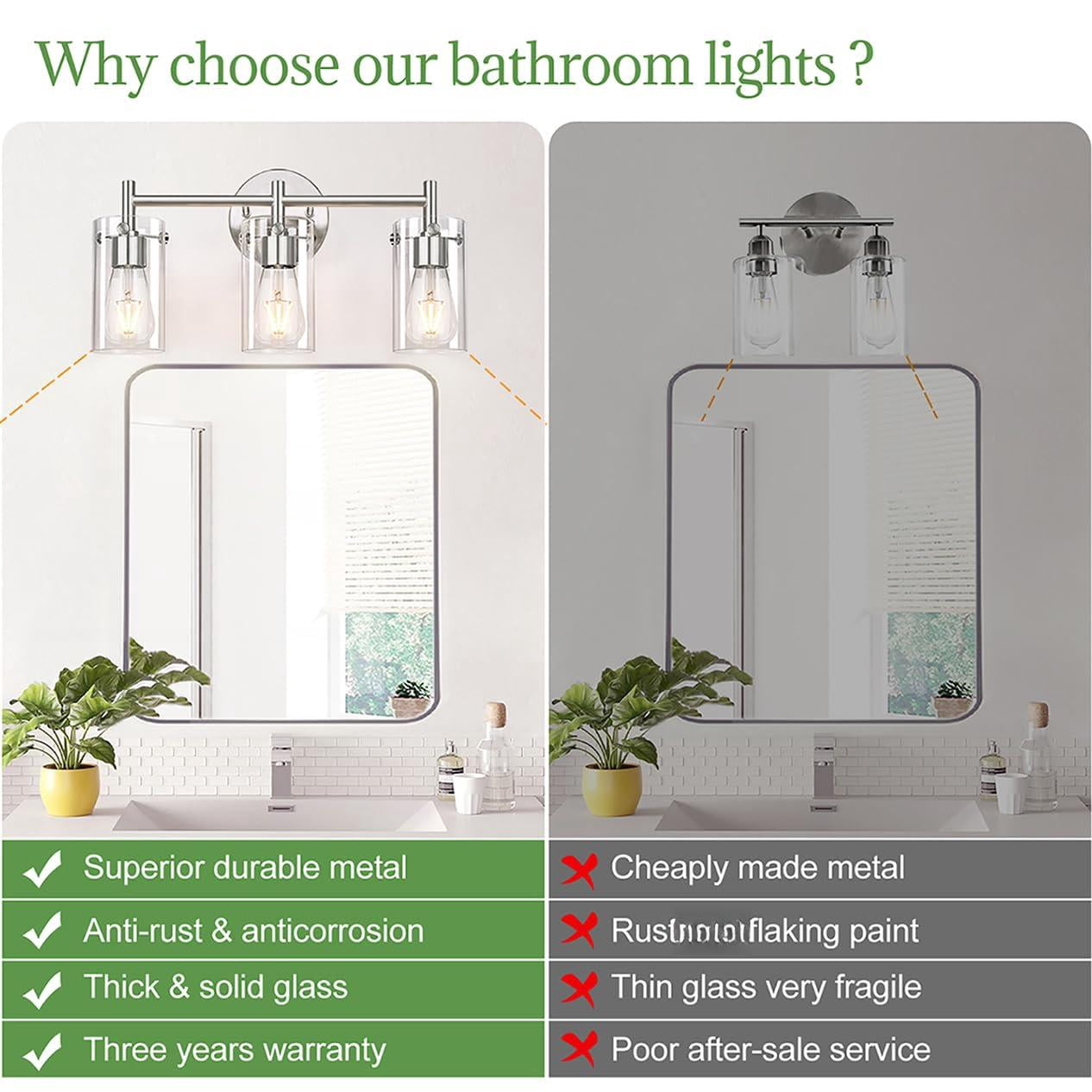 3-light Brushed Nickel Bathroom Vanity Light Fixtures  Clear Glass Shade Wall Sconces For Mirror Bedroom Living Room Hallway