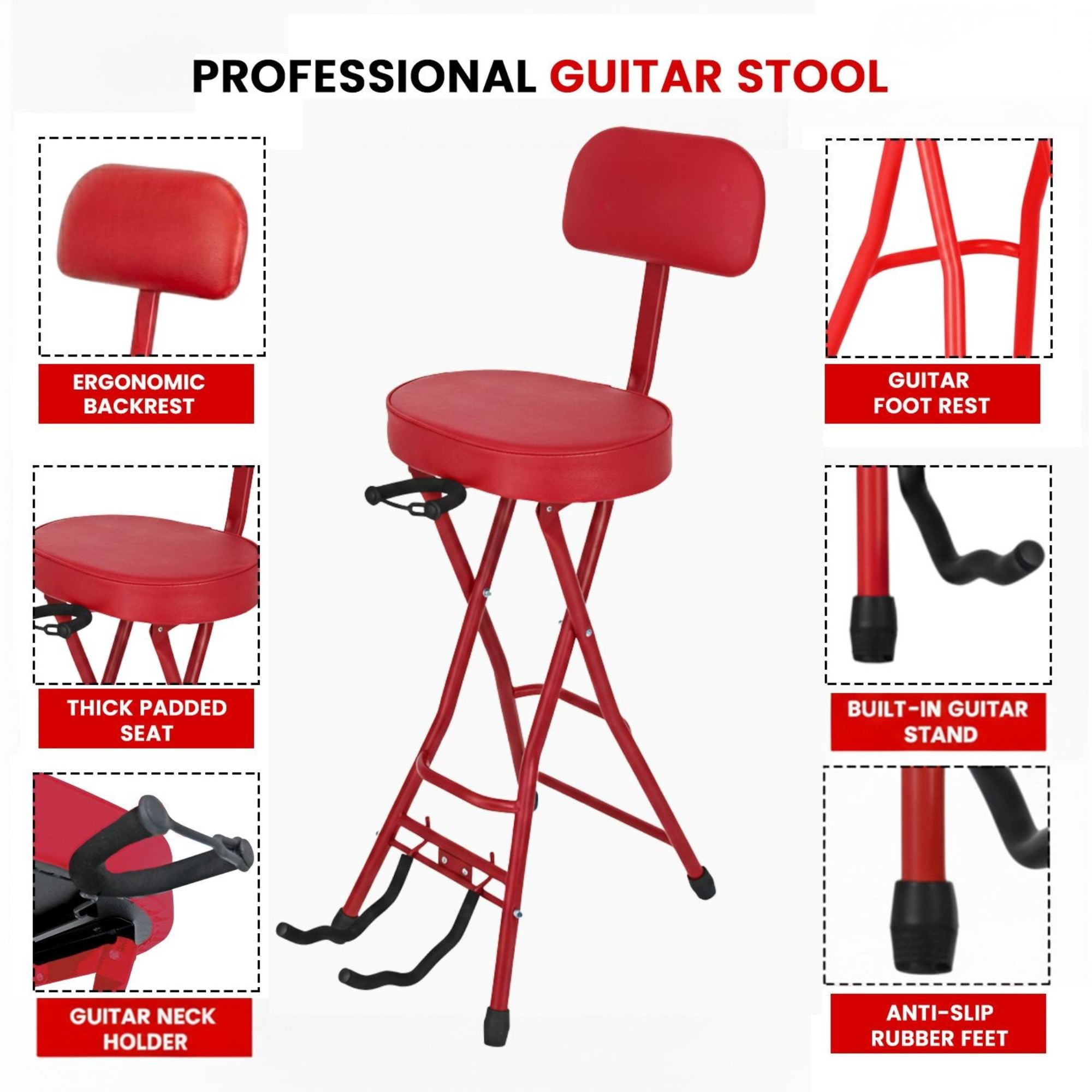 Padded Guitar Stool with Backrest, Built-in Stand & Footrest - Red
