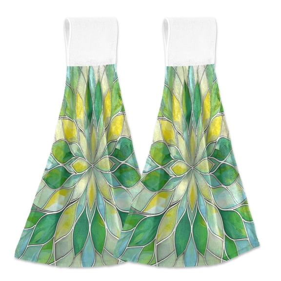 2 Pcs Kitchen Hand Towels with Hanging Loops Absorbent Soft Fast Drying Decor Bath Towels Yellow Green Floral Stained Glass