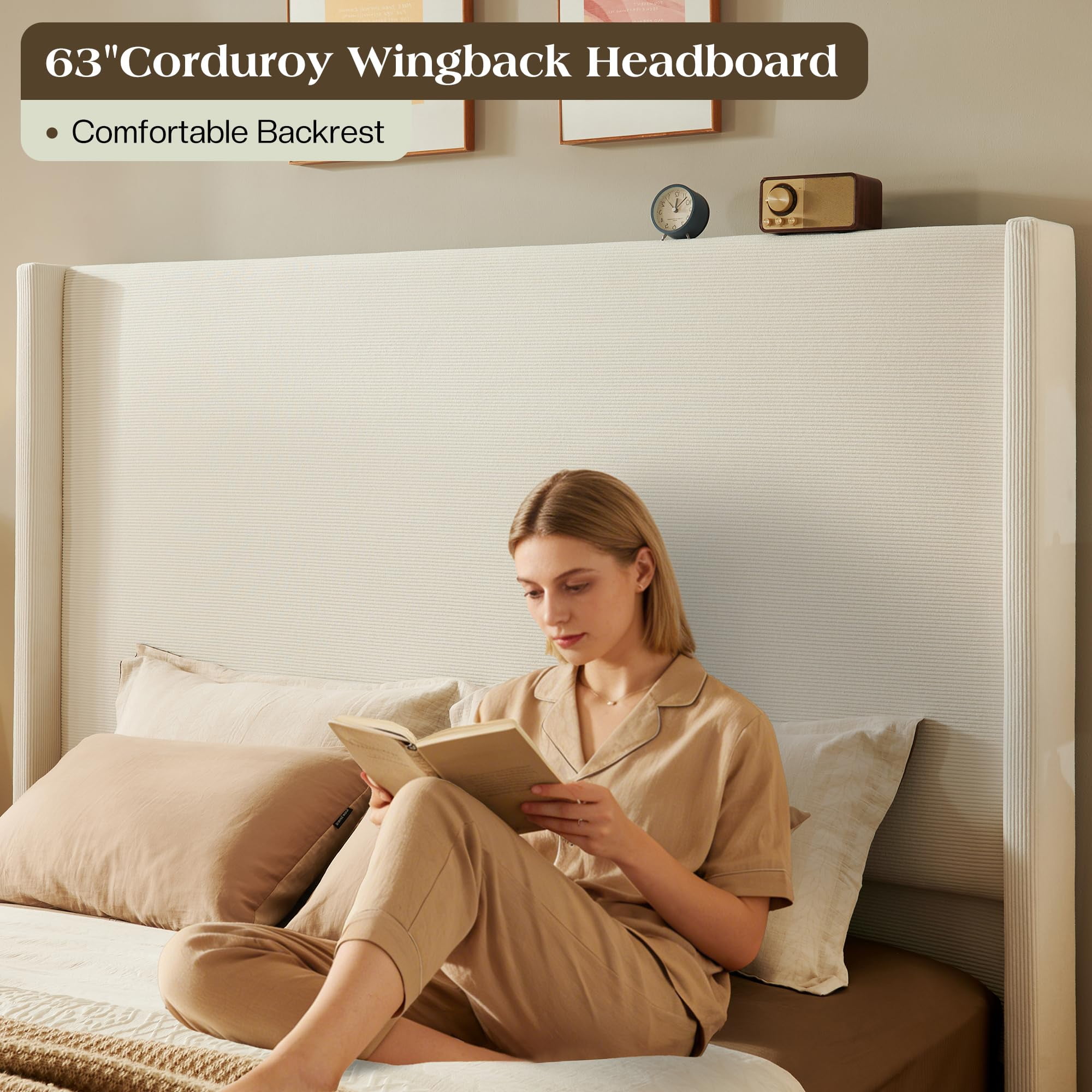 VanAcc Queen Bed Frame with 63" Tall Headboard, Horizontal Fine Corduroy Bed Frame with Upholstered Wingback, Vintage Solid Wood Gourd Legs, Cream