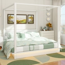 King Size Wood LED Canopy Bed ,Canopy Platform bed With Support Slats, No Box Spring Needed, White