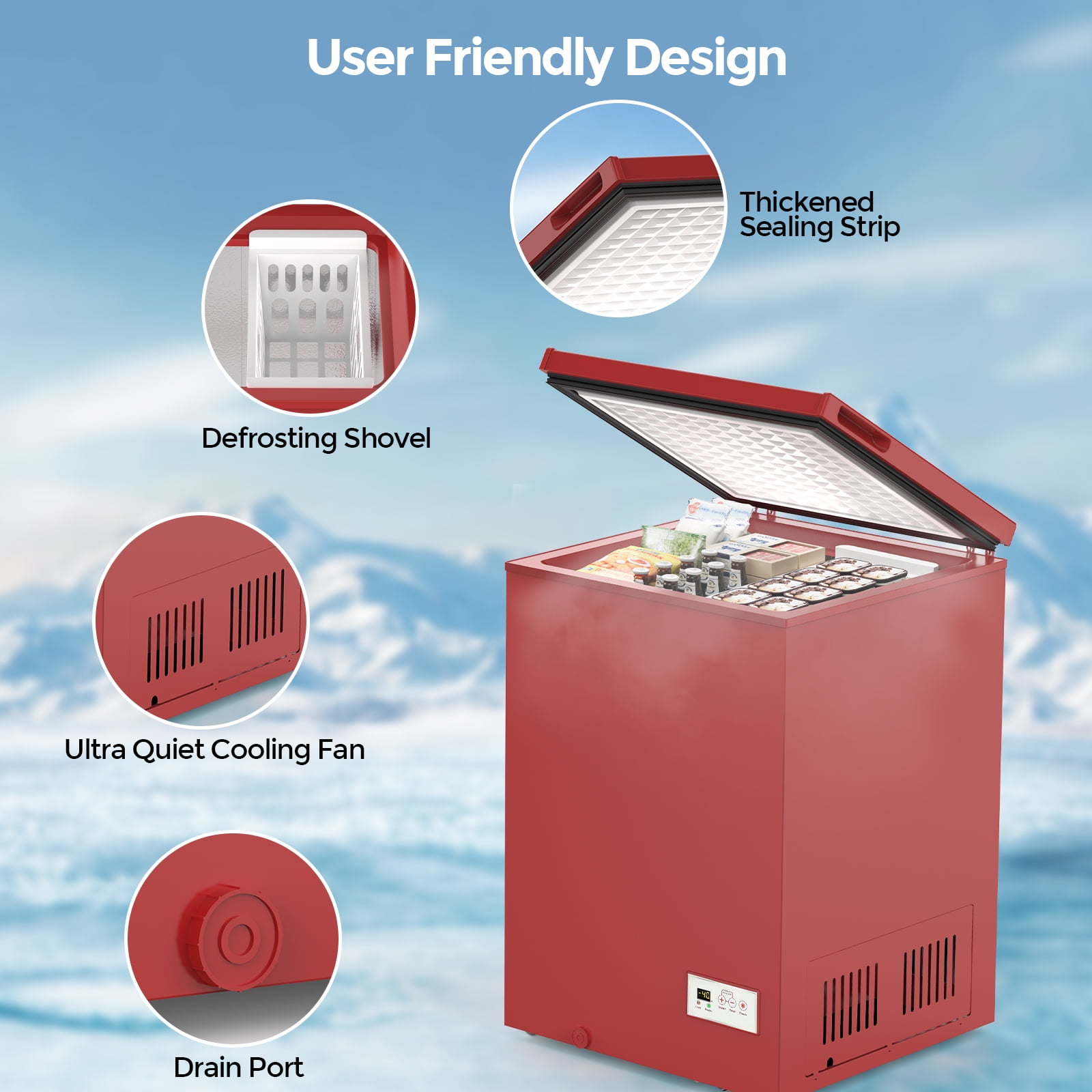KNDKO 3.5 Cu.Ft Low temperature Chest Freezer with 2 Removable Baskets, Electronic Control, Super-Low Temperature 14℉ to -40℉, Red