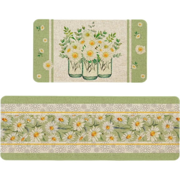 Spring Summer Daisy Kitchen Mats Set of 2 Non Slip Flowers Kitchen Rugs Spring Summer Home Decor Low-Profile Washable Floor Mat 17x47 Inch and 17x29 Inch