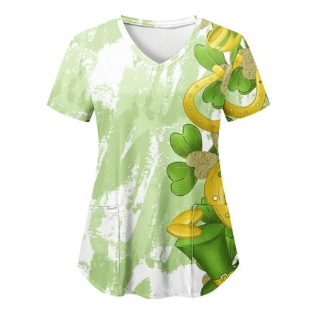

TAIAOJING Women Scrubs Top Casual V Neck Short Sleeve StPatricks Funny Print Pocket Working Clothes Top