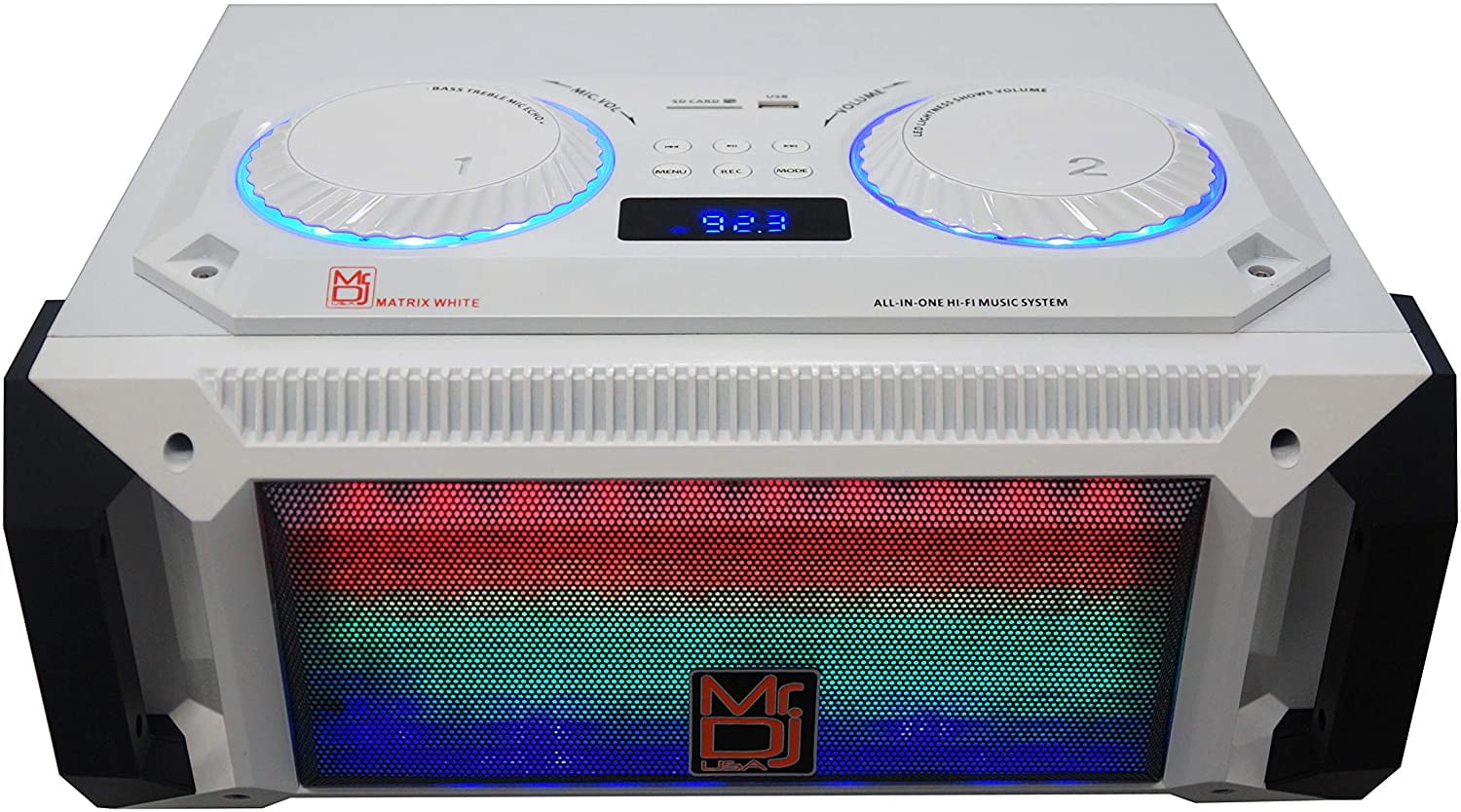 Mr. Dj Matrix White Bluetooth Speaker<br/>Wireless Bluetooth Speaker Karaoke Machine with Sound Activated Lights, FM Radio, USB/Micro SD Card, & LED Party Light Perfect for Party