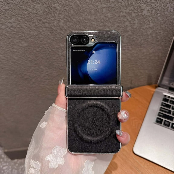 ELEHOLD Case for Samsung Galaxy Z Flip 6/Flip 7 FE, Luxury Shockproof Magnetic Leather Phone Case, Wireless Charging Compatible,Black