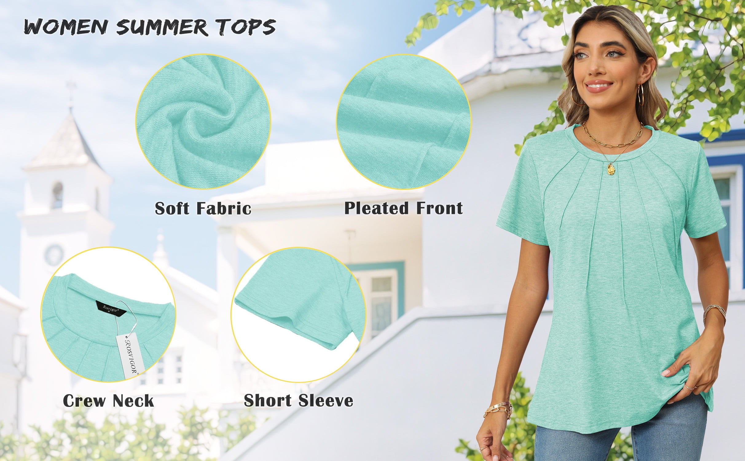 Rosvigor Blouses for Women Short Sleeve Shirts Casual Dressy Summer Tops with Pleats
