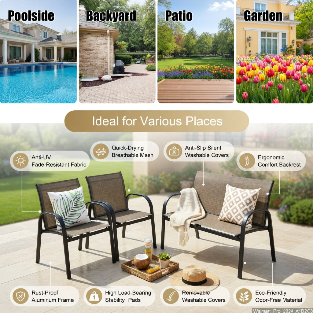 Hommoo 4-Piece Modern Outdoor Patio Furniture Set, Steel Frame Loveseat, 2 Single Sofas & Tempered Glass Top Coffee Table, Brown