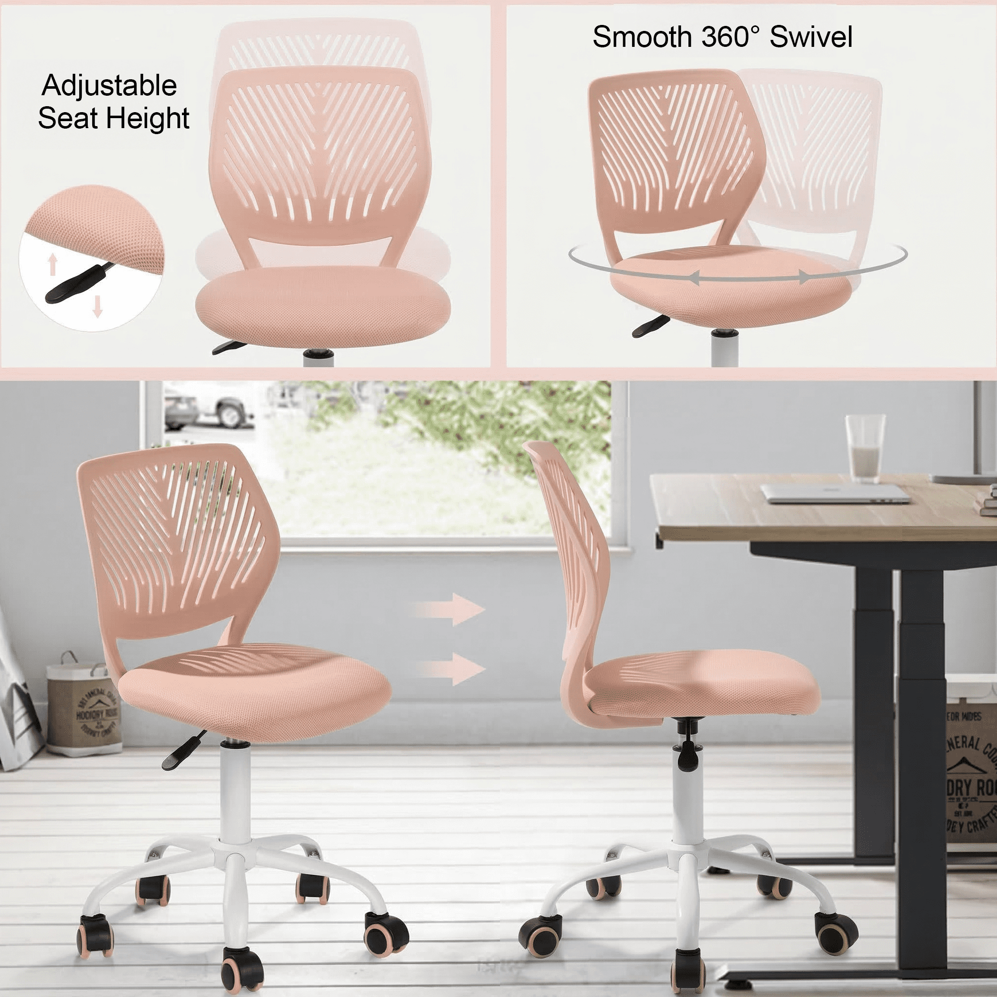 Homy Casa Teen Desk Chair with Mesh Back, Adjustable Swivel Cute Vanity Chair,Rose