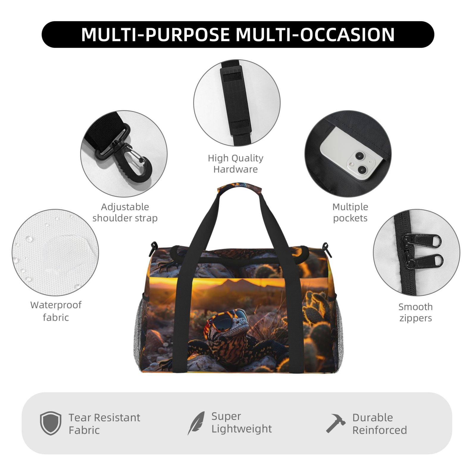 Fuzoiu Lizard With Sunglasses Sunset Print Travel Duffle Bag,Carry On Tote Bags,Duffel Bag,Sport Gym Bag, Hospital Bag for Labor and Delivery, Overnight Bag,Luggage Bag