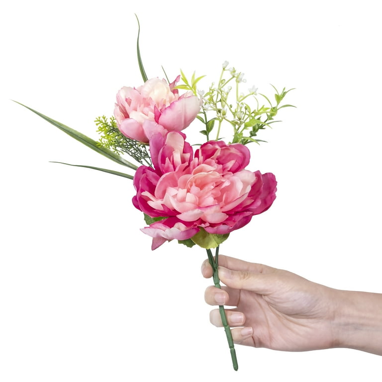 4 pack) 11-inch Artificial Silk Pink Peony & Baby's Breath Mixed