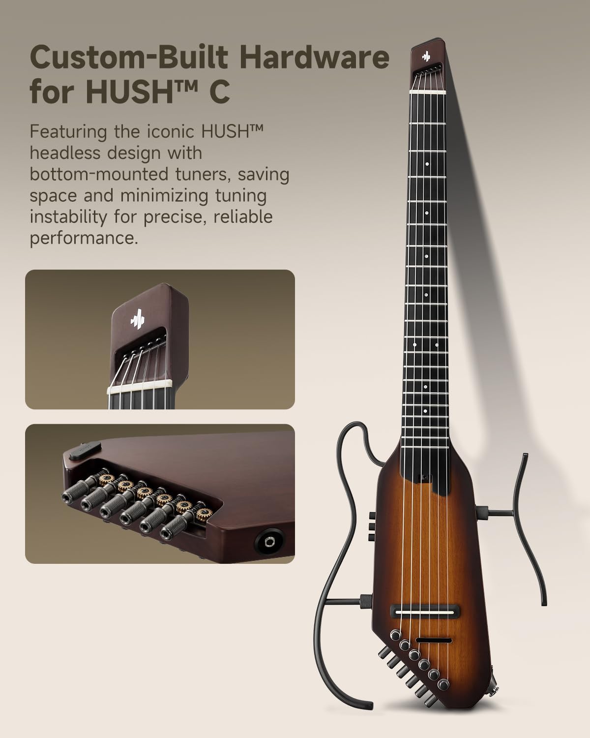 Donner HUSH C Acoustic-Electric Nylon String Classical Guitar– Ultra-Lightweight Travel Guitar with Built-In Tuner, HPS-II Preamp, Headphone Jack & Quick-Release Stand – Sunburst