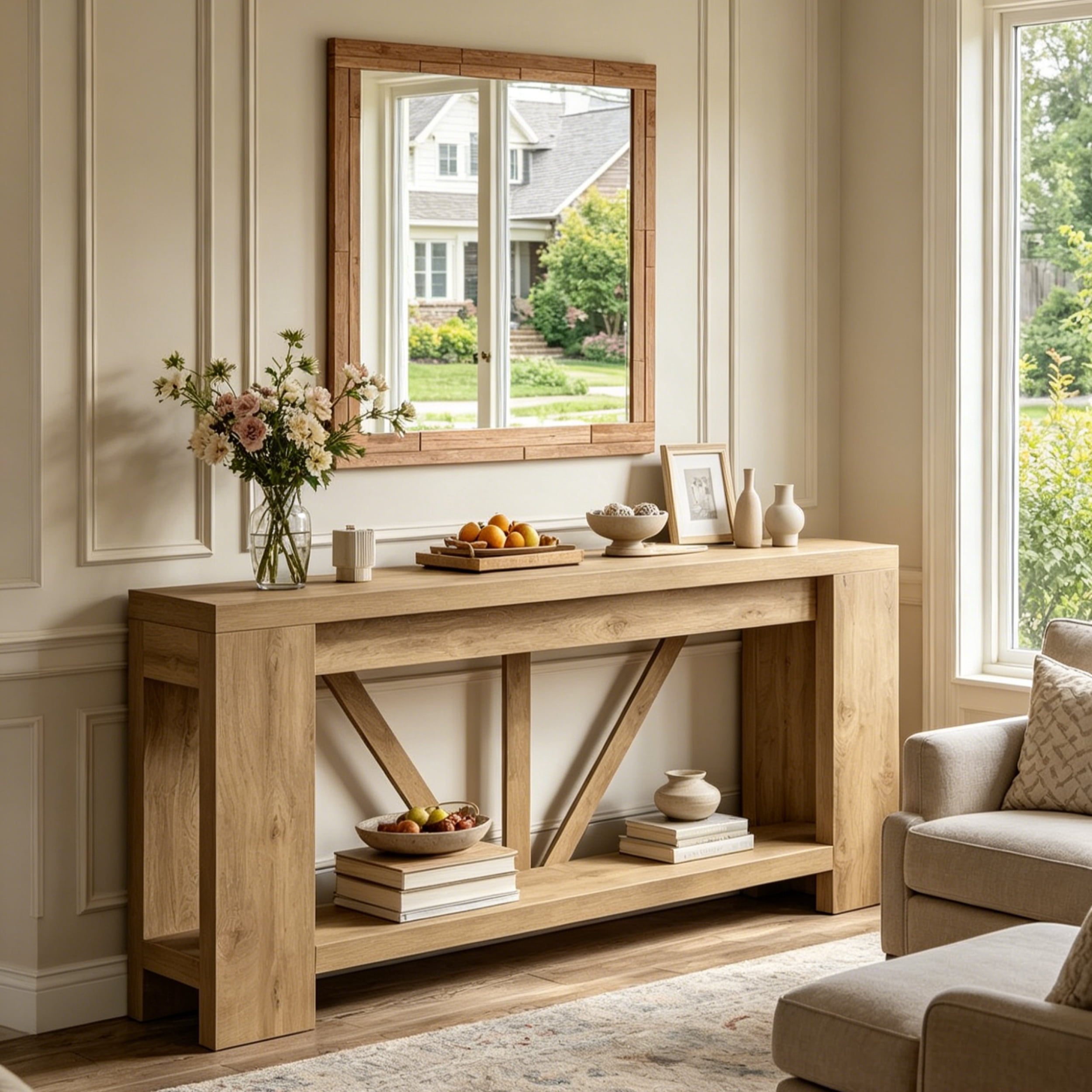 Fnova 70.9" Console Table, 2-Tier Farmhouse Entryway Table, Narrow Long Wood Sofa Table Behind Couch with V-Shaped Support for Living Room, Hallway, Foyer