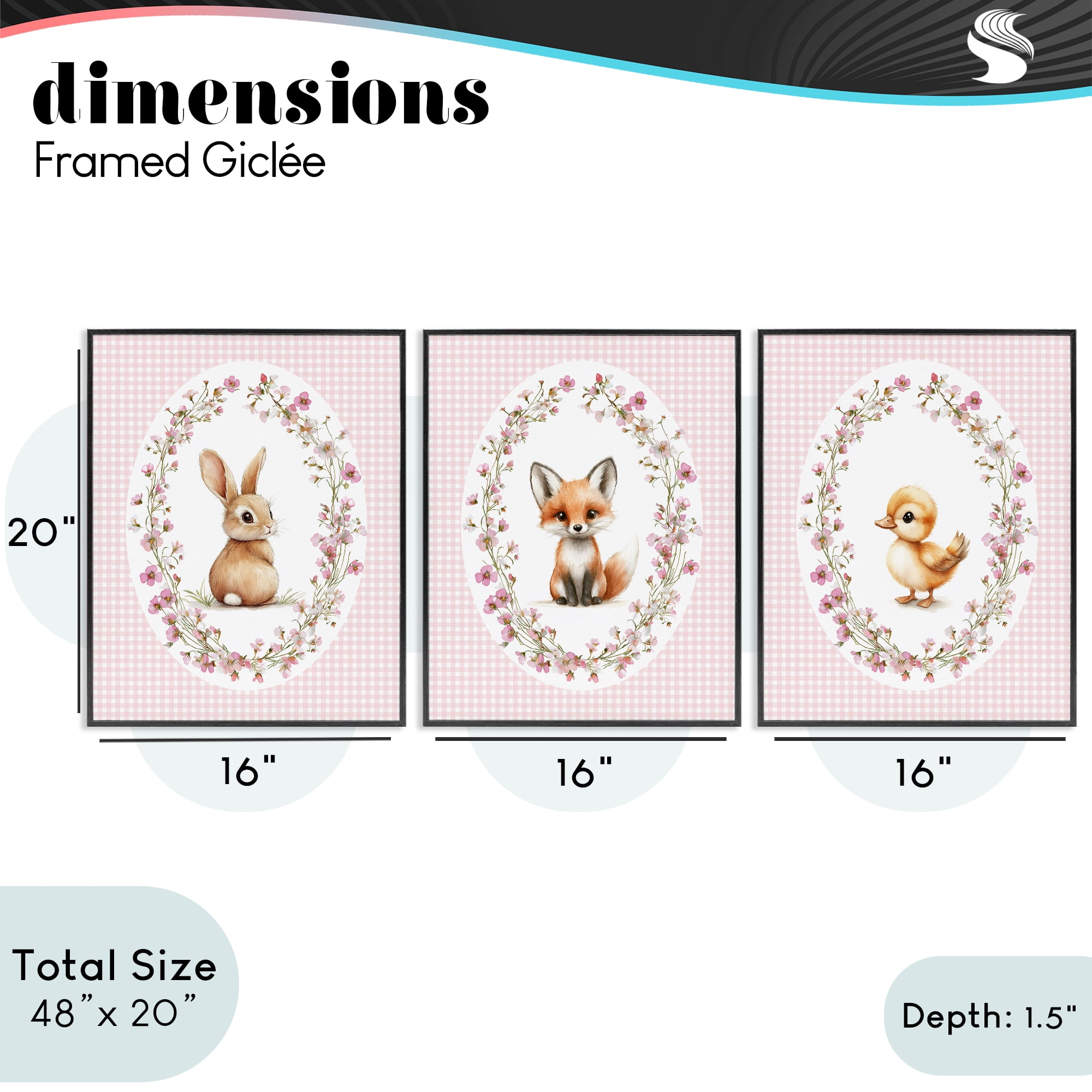 Stupell Industries Spring Gingham Animals 3 Piece Black Framed Giclee Art Set, design by Christine Simpson Art