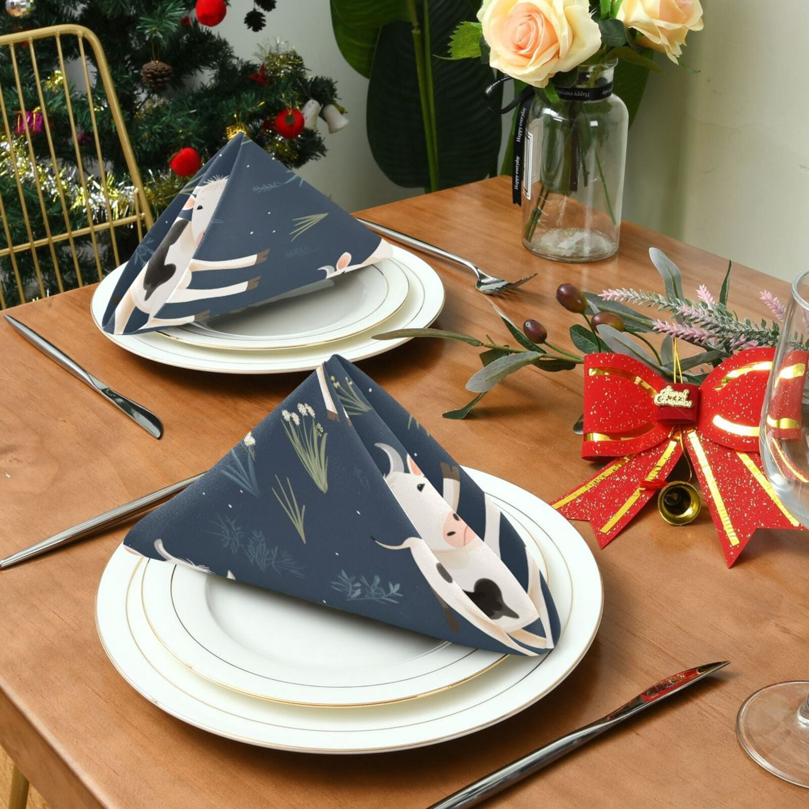 JSTEL Cute Cow Cloth Napkins Set of 6, 20x20 Inch Washable and Reusable Napkin for Decoupage Dinner Party Everyday Use