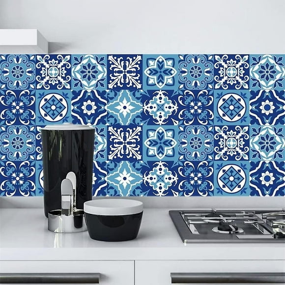20pcs(15cm X 15cm, 6x6 Inches) Blue And White Moroccan Tile Stickers, Kitchen Bathroom Wall Tile Stickers Peel And Stick On Tile Transfers Covers Deca