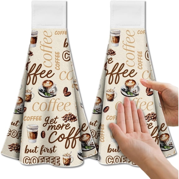 Coffee Retro Hanging Kitchen Towels with Loop Set of 2 - Soft & Super Absorbent Microfiber Decorative Hanging Dish & Hand Towel Multi-color