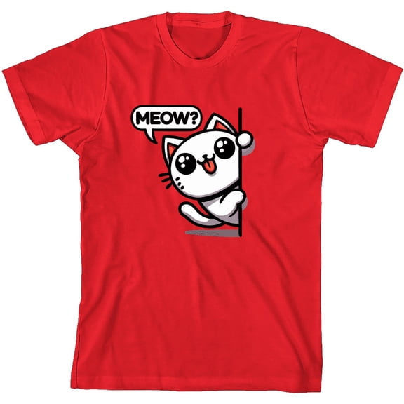 Chibi White Cat Youth Red Crew Neck Short Sleeve Tee-Medium