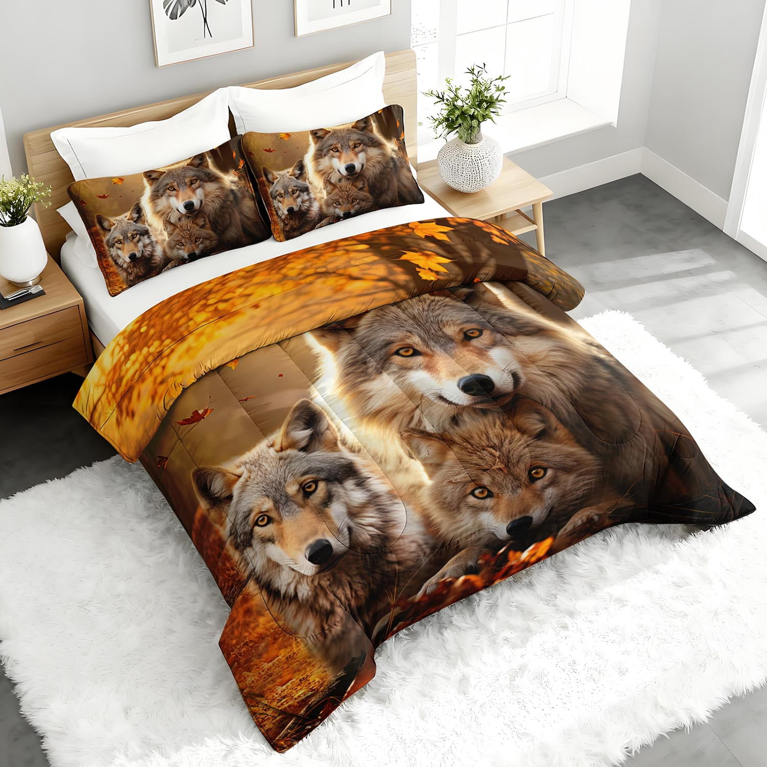 3pcs Wolf Family Autumn Leaves Comforter Set, Realistic Wildlife Bedding Set for Bedroom or Guest Room Decor, All Seasons Quilt Machine Washable Duvet with 2 Pillowcases