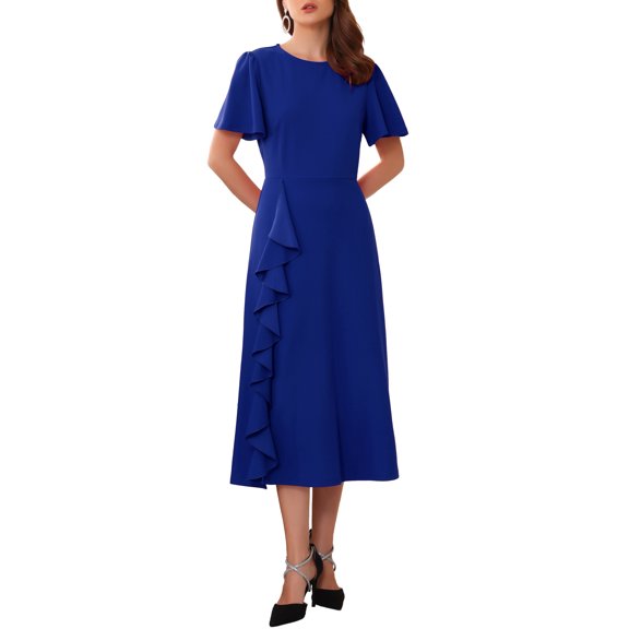 DARING DIVA Ruffle Crew Neck Short Sleeve Cocktail Midi Dress S Royal Blue