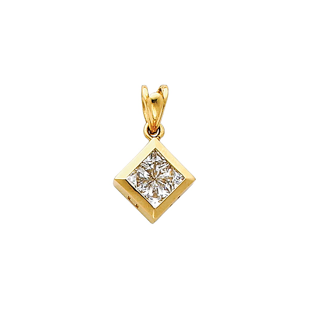 14k Yellow Gold with White CZ Accented Mini Square Charm Pendant 12mm x 10mm 