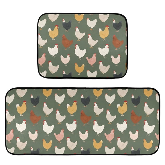 2-Piece Kitchen Mat Set Non Slip Washable Floor Mats Decorative Rugs for Kitchen Sink Laundry Cute Colorful Chickens Pattern
