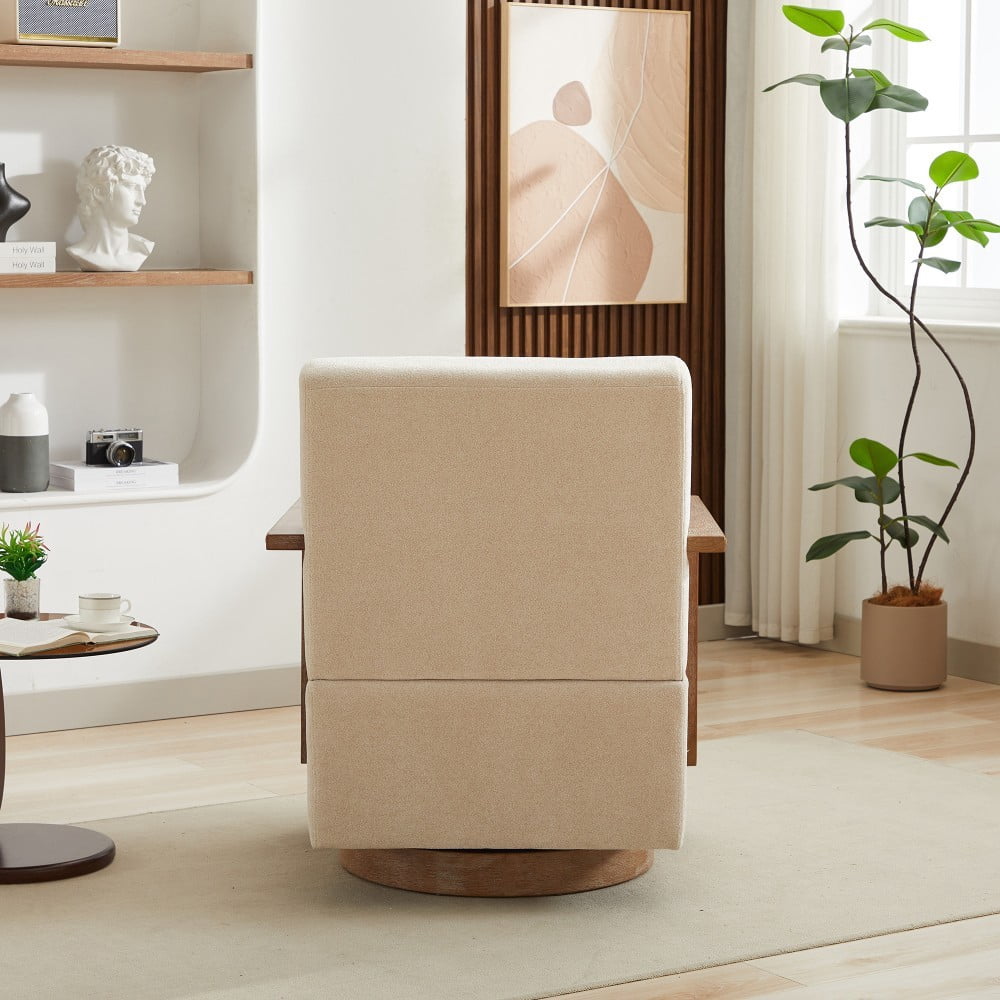 Swivel Accent Chair, 360 Degree Modern Upholstered Lounge Chair with Solid Wood Armrests, Linen Blend Fabric, Comfy Reading Chair for Living Room, Bedroom & Office, Beige