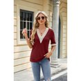 thumbnail image 4 of Anbech Deep V Neck Women Blouse Guipure Lace Shirt Solid Color Splice Trendy Short Sleeve Casual Tops, 4 of 9