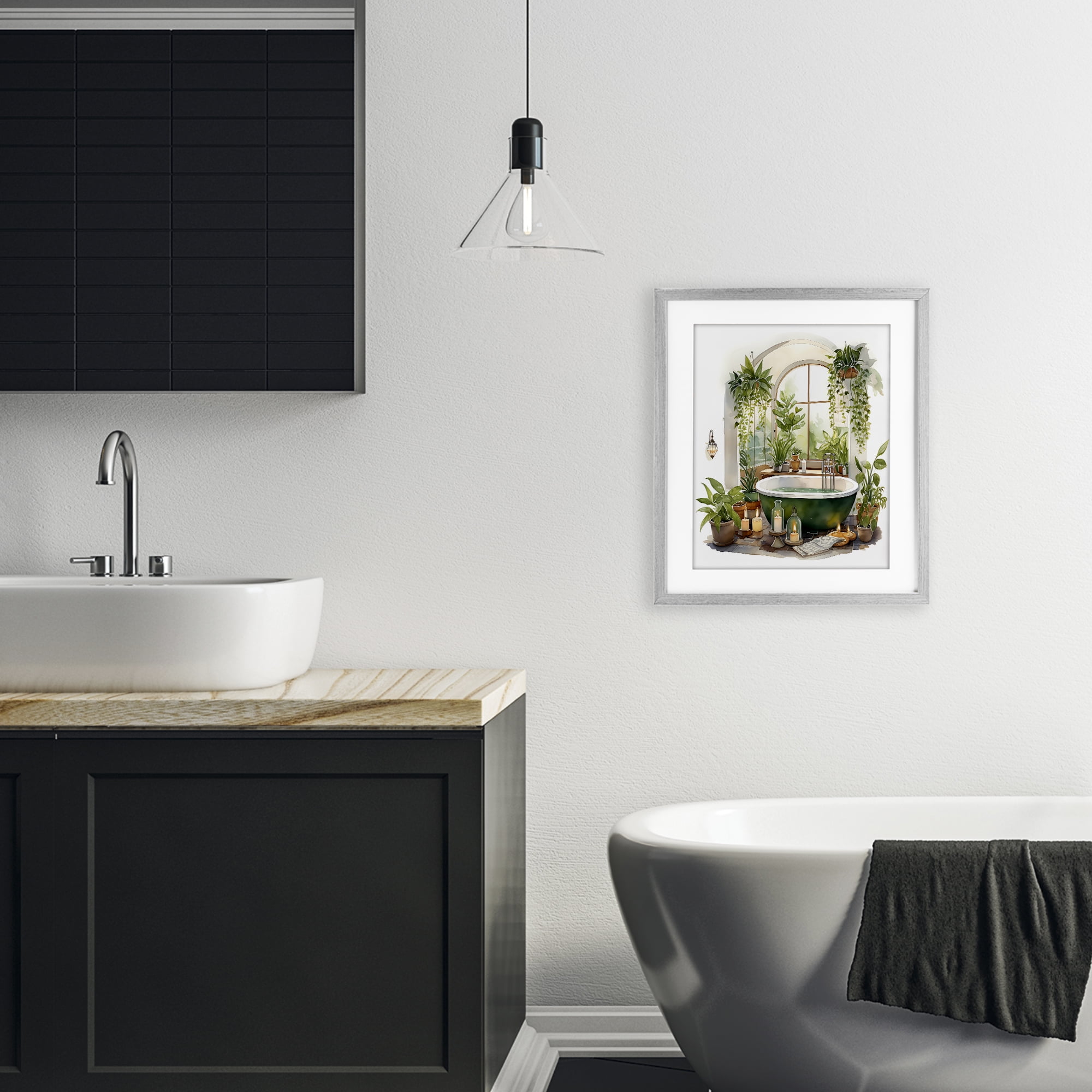 Tranquil Tub with Candles & Greenery Gray Framed Print Under Glass, design by Lettered and Lined