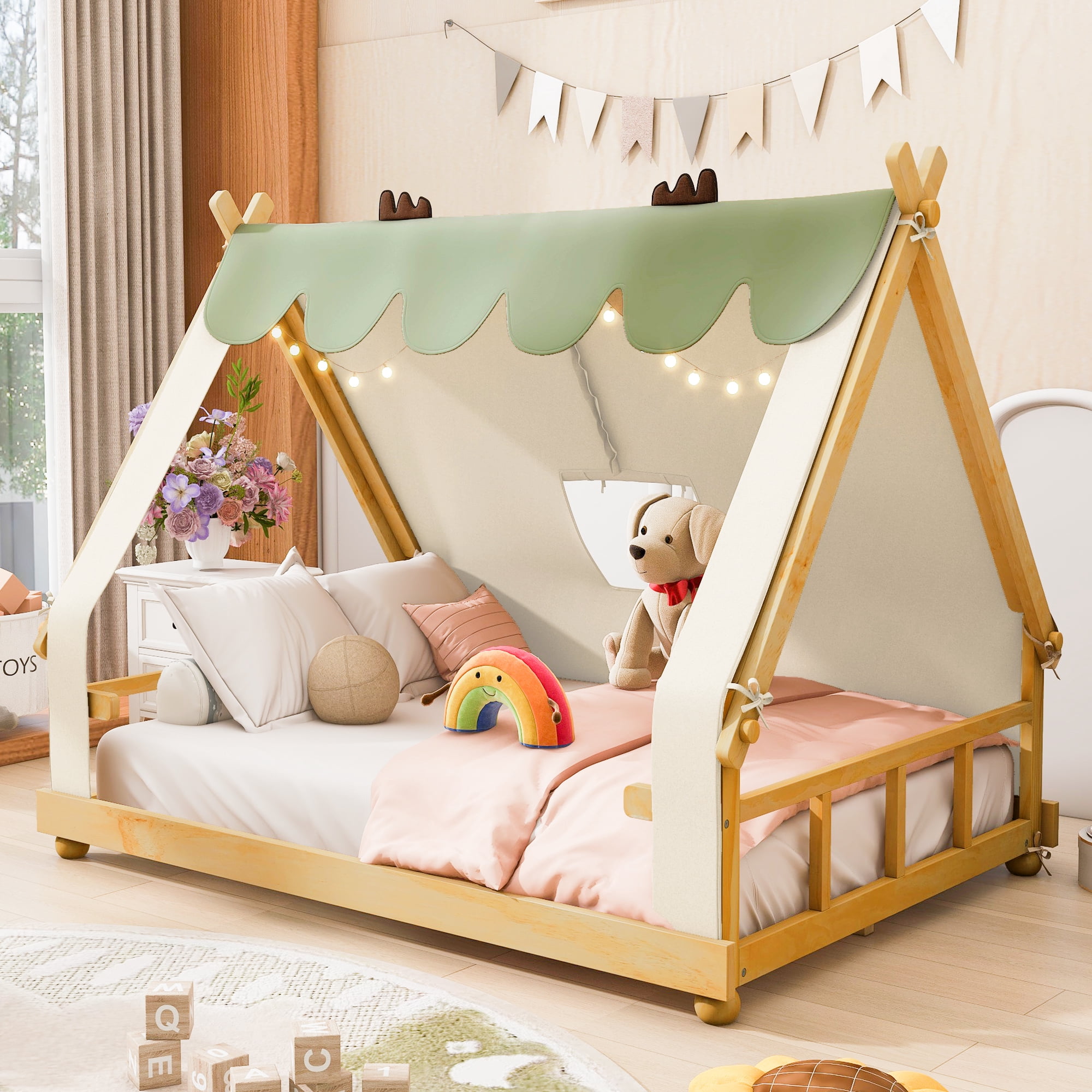 Full Size House Bed with Tent and Light,White