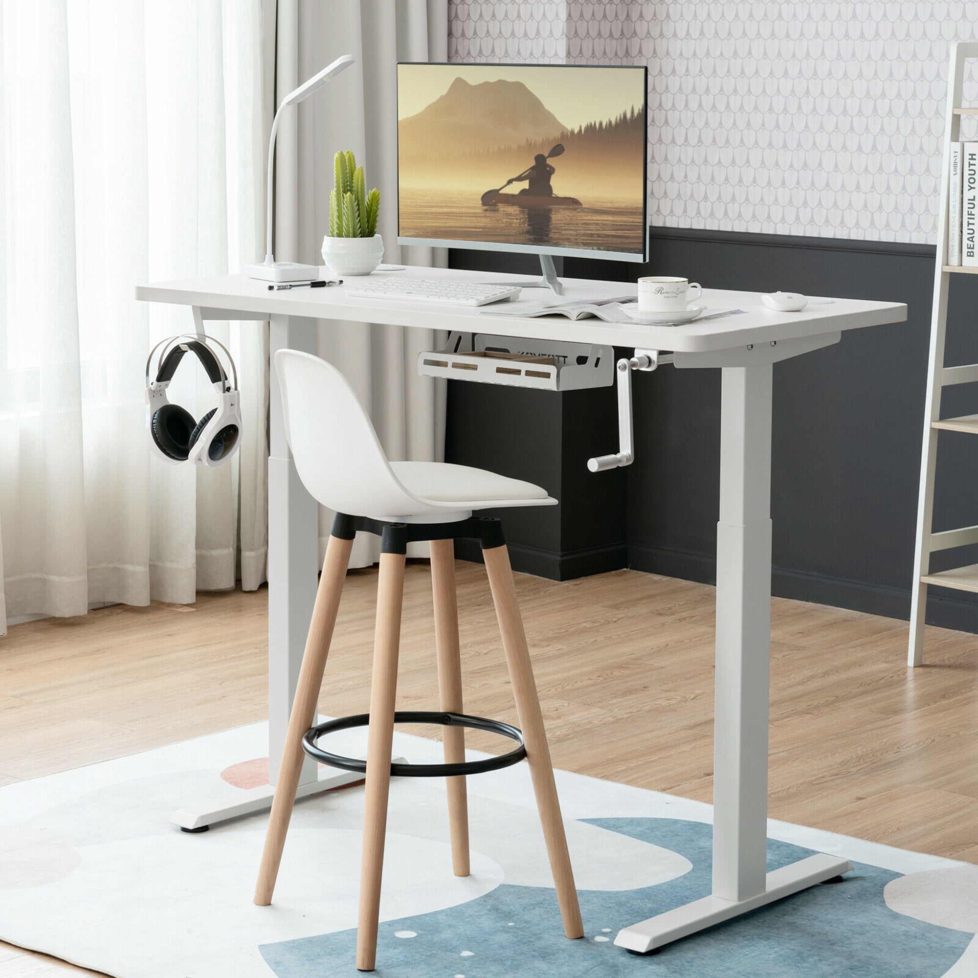 Gymax Height Adjustable Standing Base Hand Crank Sit to Stand Desk Frame White