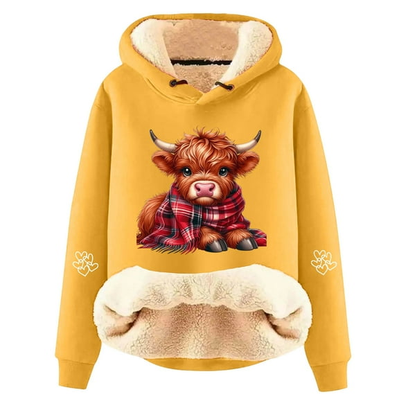 Telankuip Christmas Hoodies for Women Cute Highland Cow with Scarf Sherpa Lined Warm Sweatshirts 2025 Winter Comfort Plus Size X-Mas Holiday Western Print Pullover Tops Yellow XL