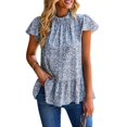 thumbnail image 1 of Blusa de manga con volantes florales Blusa de manga corta con cuello redondo plisada estampada para mujer Señora Verano Azul claro L, 1 of 8