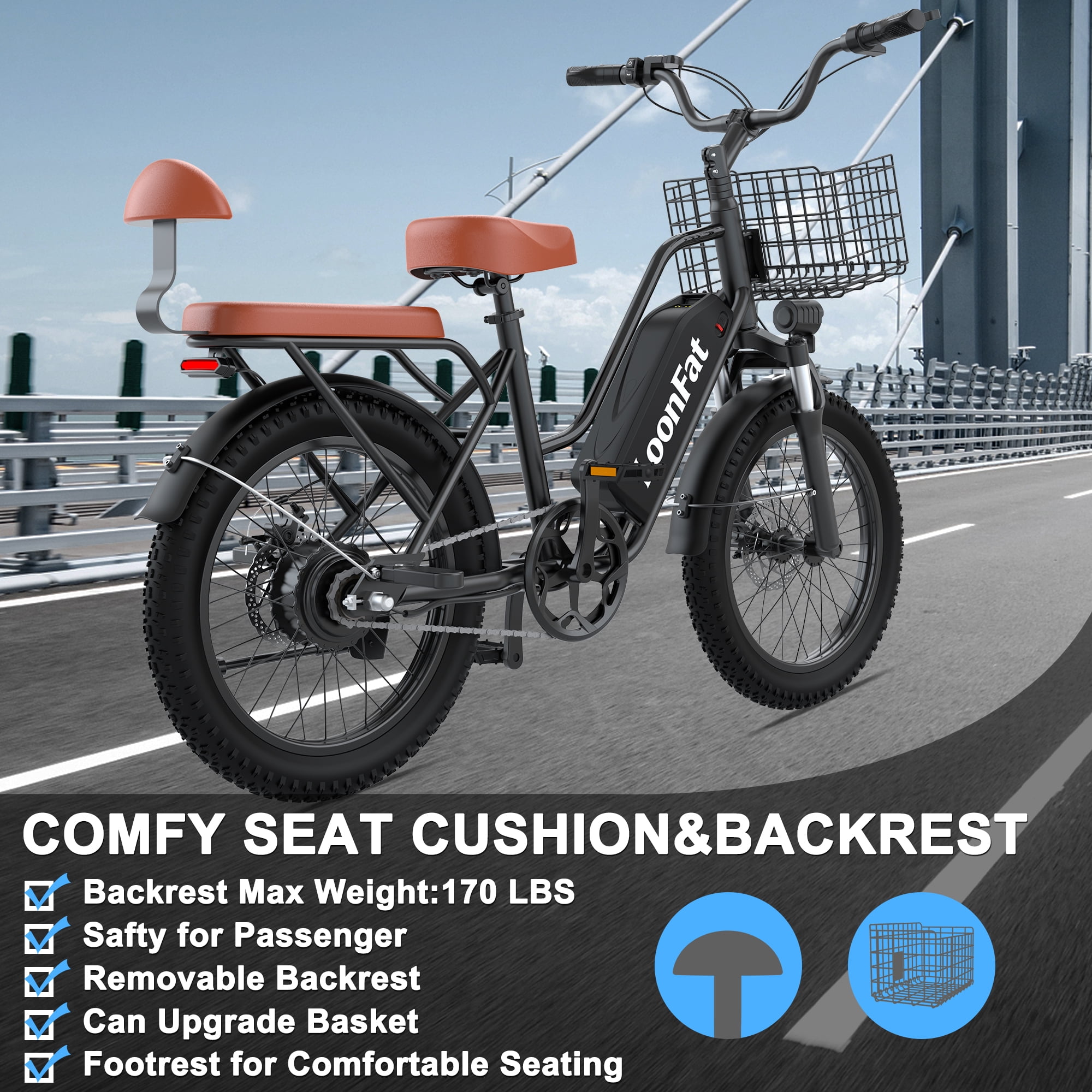 LoonFat T20 Adult Electric Bike, 1000W peak motor, 48V 15.6Ah removable battery, 20‘ x 3.0’ fat tyres, 25 mph, up to 30-mile range, black