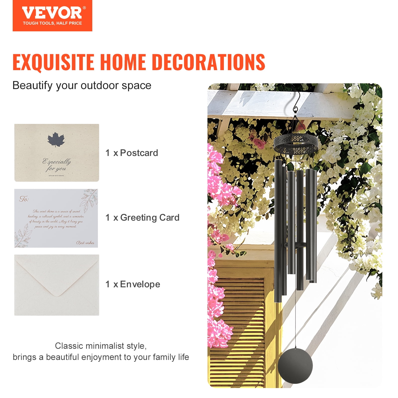 VEVOR Wind Chimes for Outside, 58 in, Deep Tone Wind Chimes with 6 Tubes, Unique Large Memorial Wind Chimes for Anniversary, Amazing Outdoor Decor for Your Patio, Porch, Garden and Backyard, Black