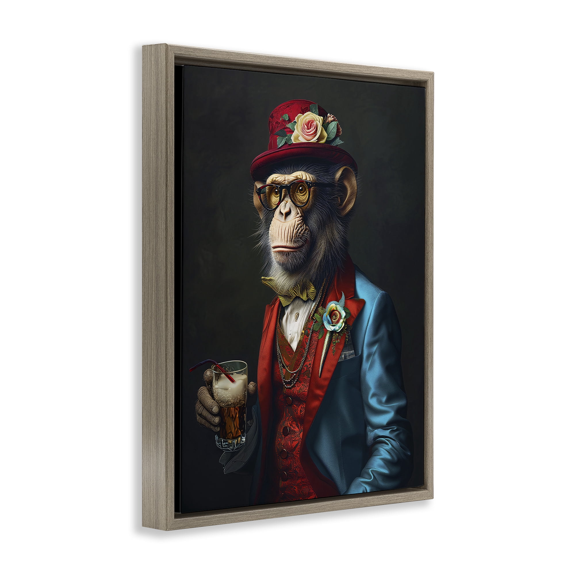 Stupell Industries Monkey with Fancy Outfit Animals & Insects Painting Brown Floater Framed Canvas Art Print Wall Art, 17 x 21