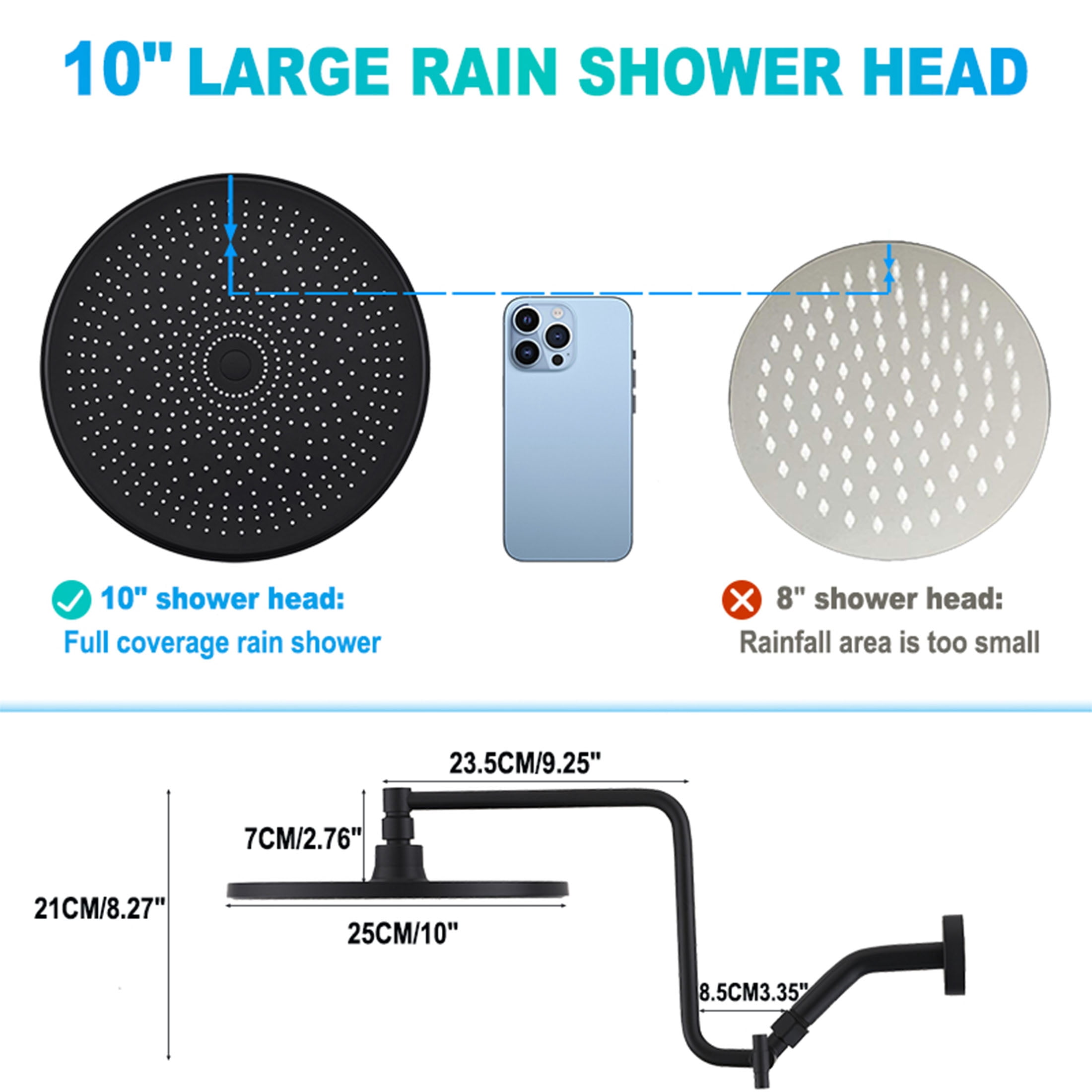 YDmeet 10 Inch 3-Way Shower Combo, Upgraded 12 Inch Adjustable Arm, Matte Black