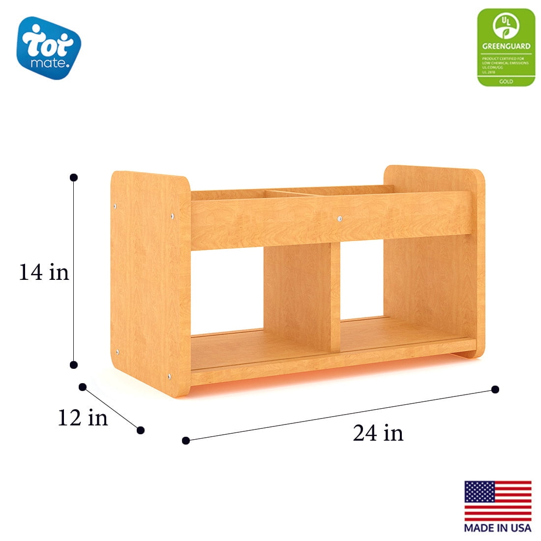 Tot Mate Children's Wood Book or Toy Organizer with 2 Clear Storage Bins, 24"W x 12"D x 14"H RTA