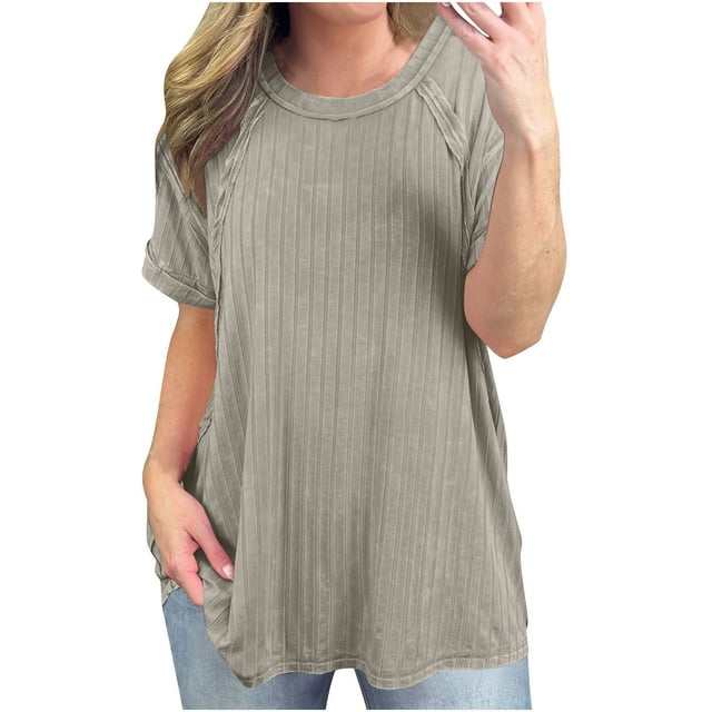 cfhntfmh Womens Oversized T Shirts Summer Ribbed Knit Short Sleeve Tunic Tops Casual Loose Plus Size Tees